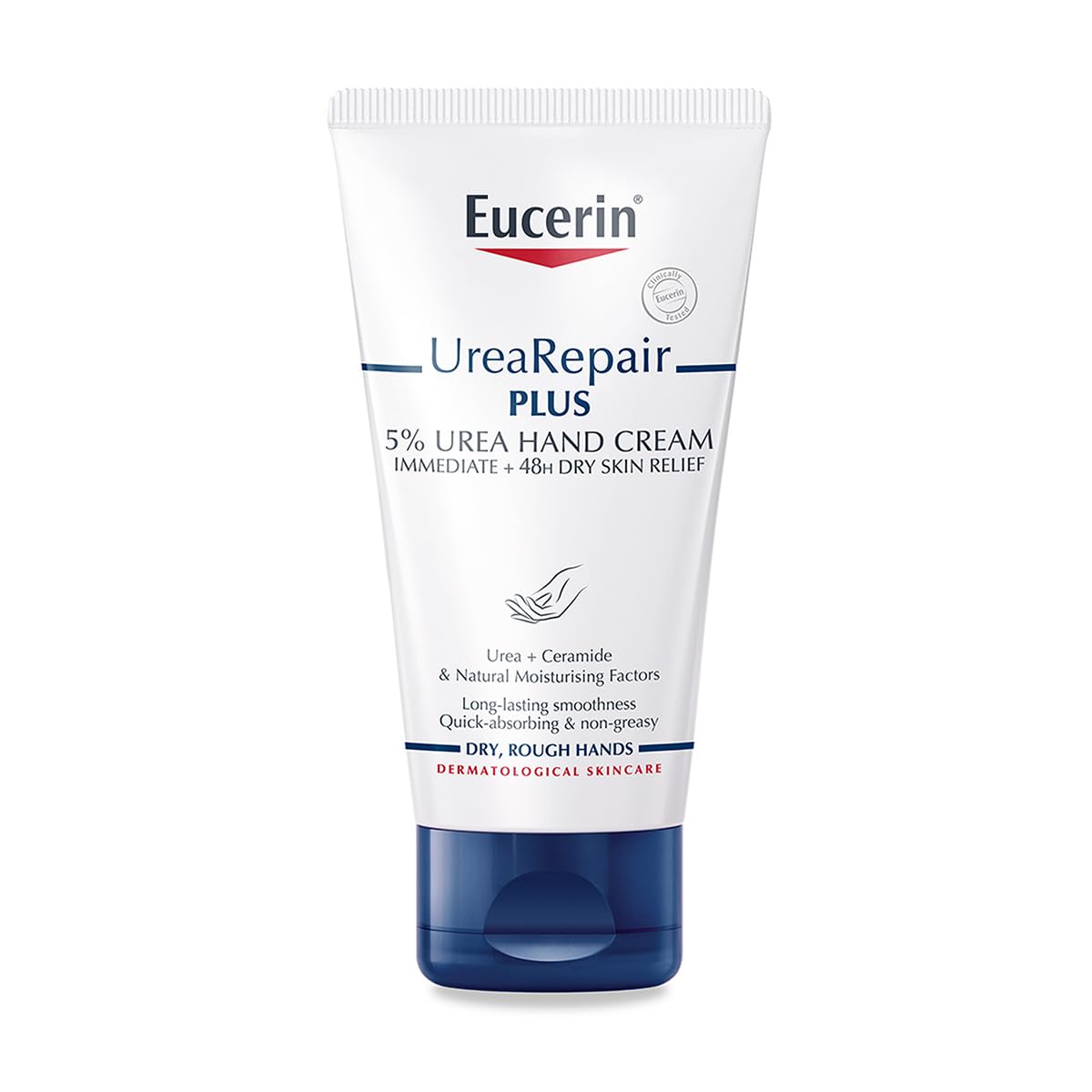 Crema de manos Eucerin intensiva con urea 5% para suavidad duradera.