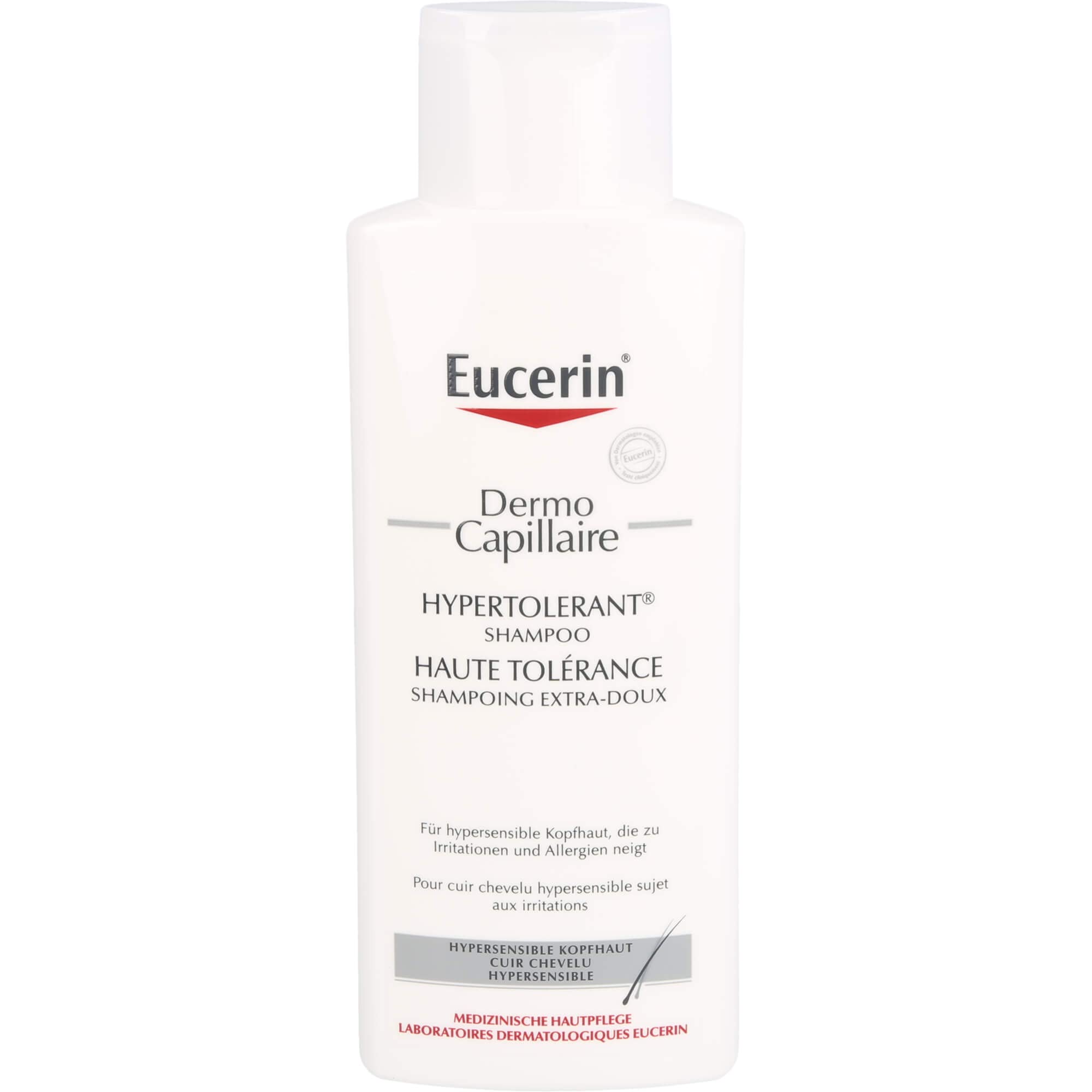 Eucerin Dermo Capilar Extra Tolerabilidad: envase de 250 ml para uso práctico diario.