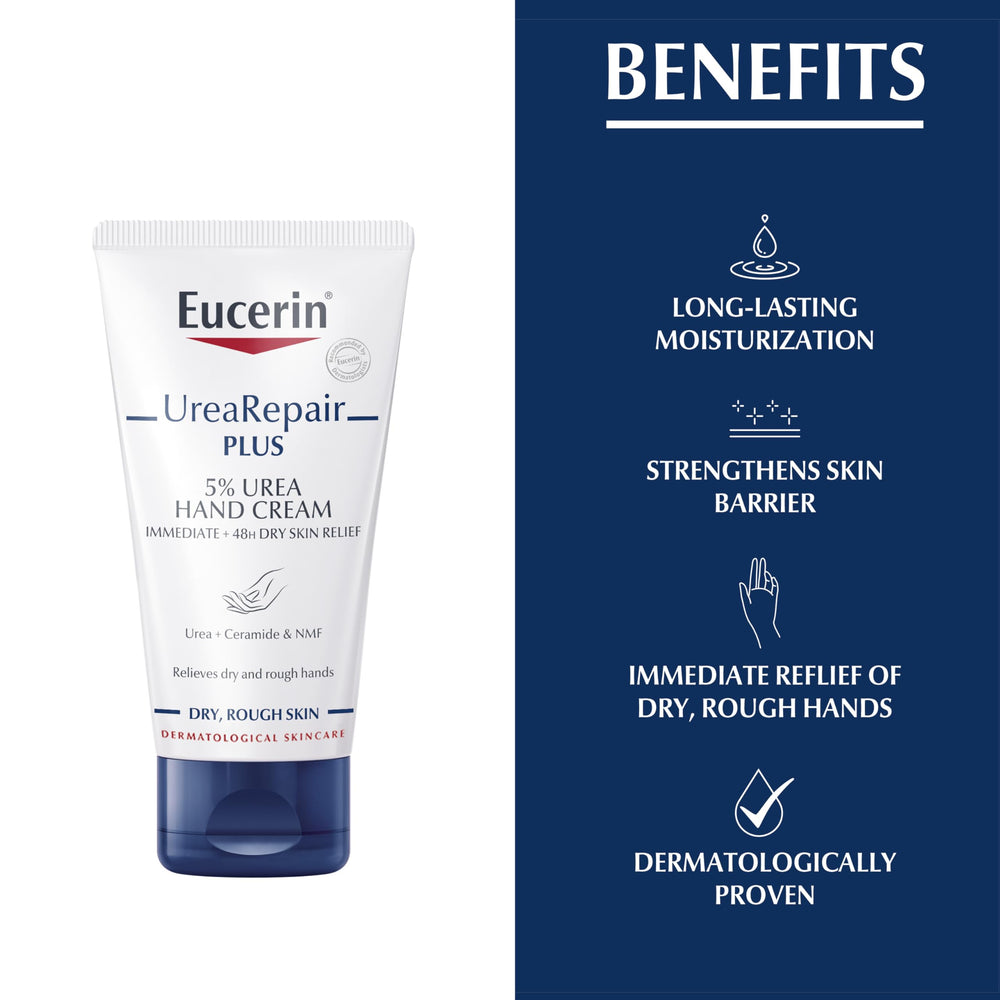 Crema Eucerin para manos con 5% urea para piel áspera.
