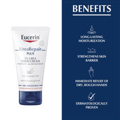 Crema Eucerin para manos con 5% urea para piel áspera.