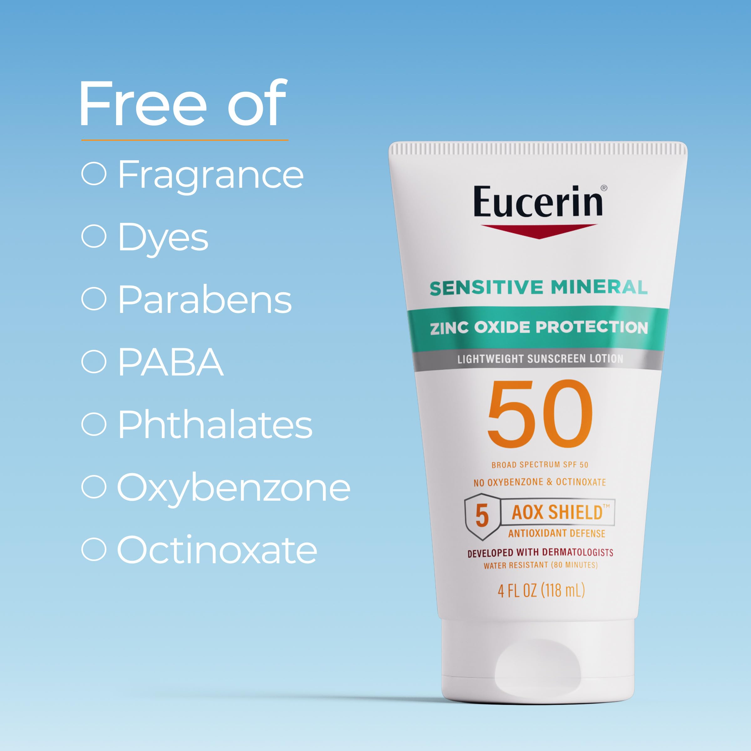 Eucerin sin oxybenzone ni octinoxato, protección UV segura.
