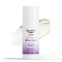 Crema de día Eucerin Skin Balance en botella, hidrata y protege piel sensible.