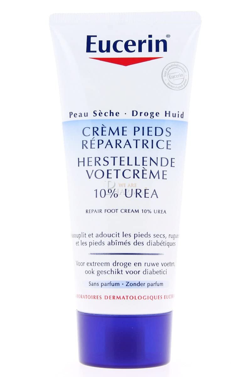 Etiqueta sin fragancias en crema Eucerin UreaRepair Plus para pies.