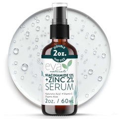 Eva Naturals Niacinamida Serum, botella, mejora poros y tono desigual.