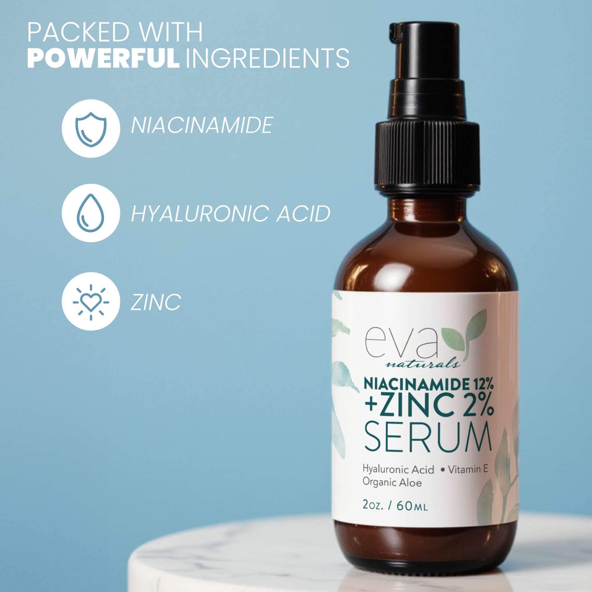 Eva Naturals Niacinamida Serum, para piel sensible, cuidado diario suave.