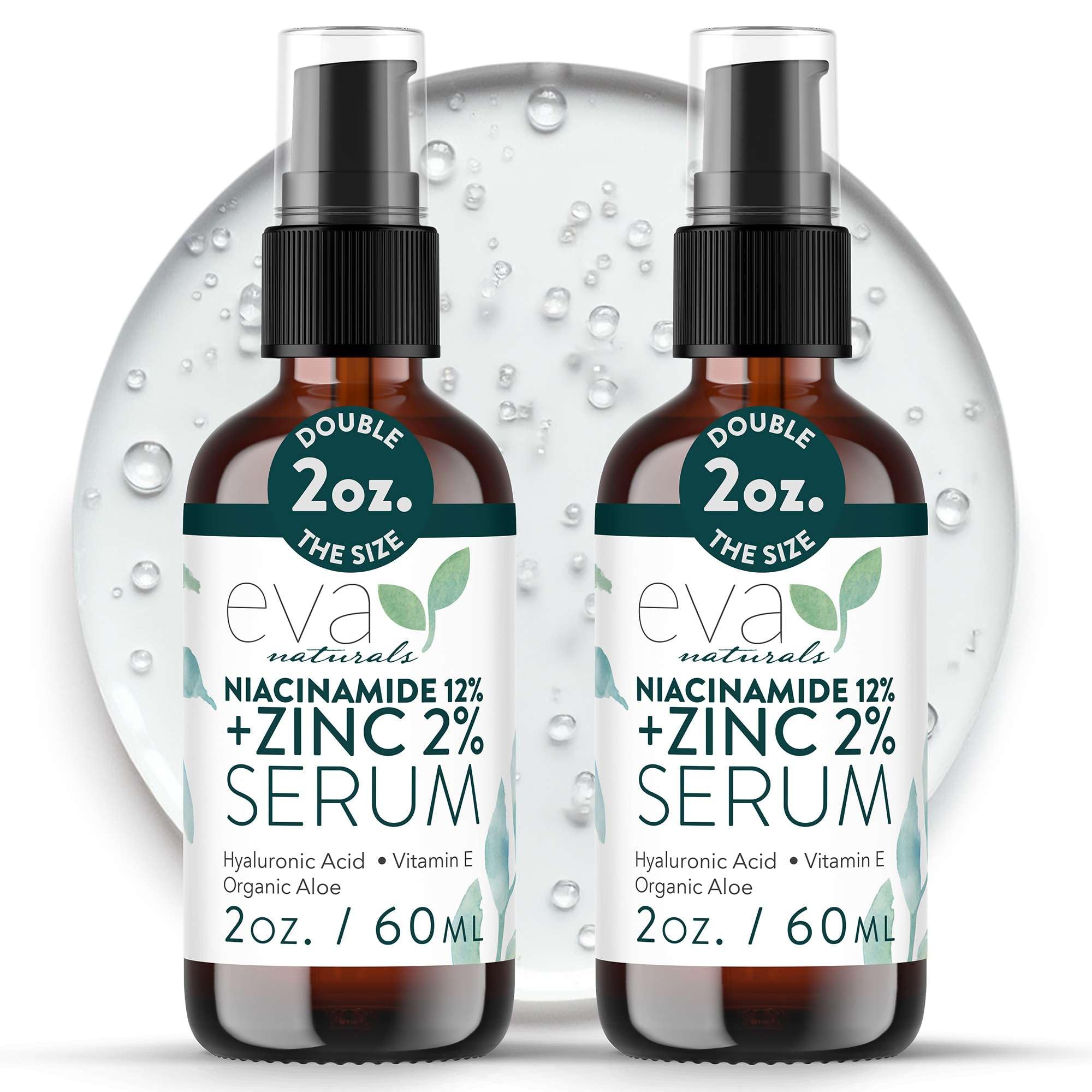 Sérum Eva Naturals Niacinamida 12% + Zinc: frasco y piel equilibrada.