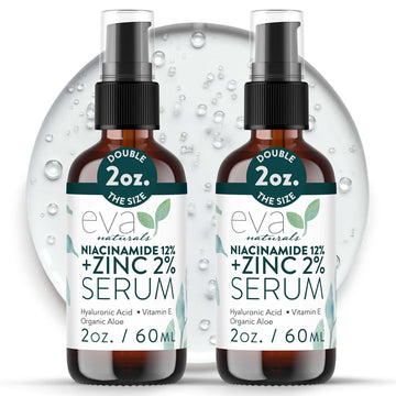 Sérum Eva Naturals Niacinamida 12% + Zinc: frasco y piel equilibrada.