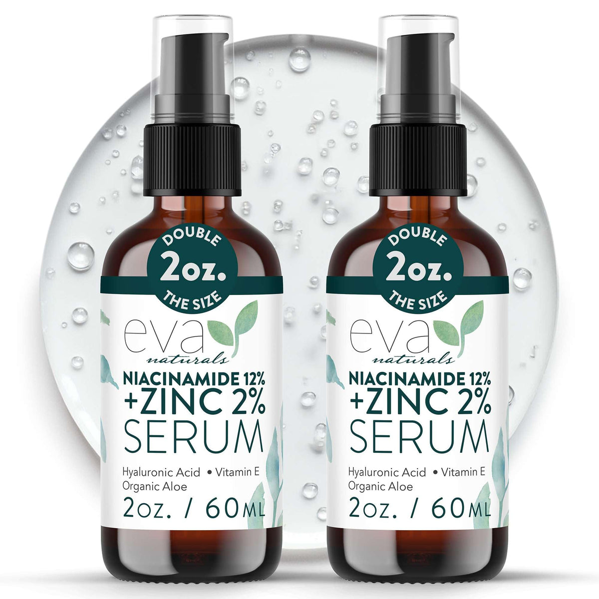 Sérum Eva Naturals Niacinamida 12% + Zinc: frasco y piel equilibrada.