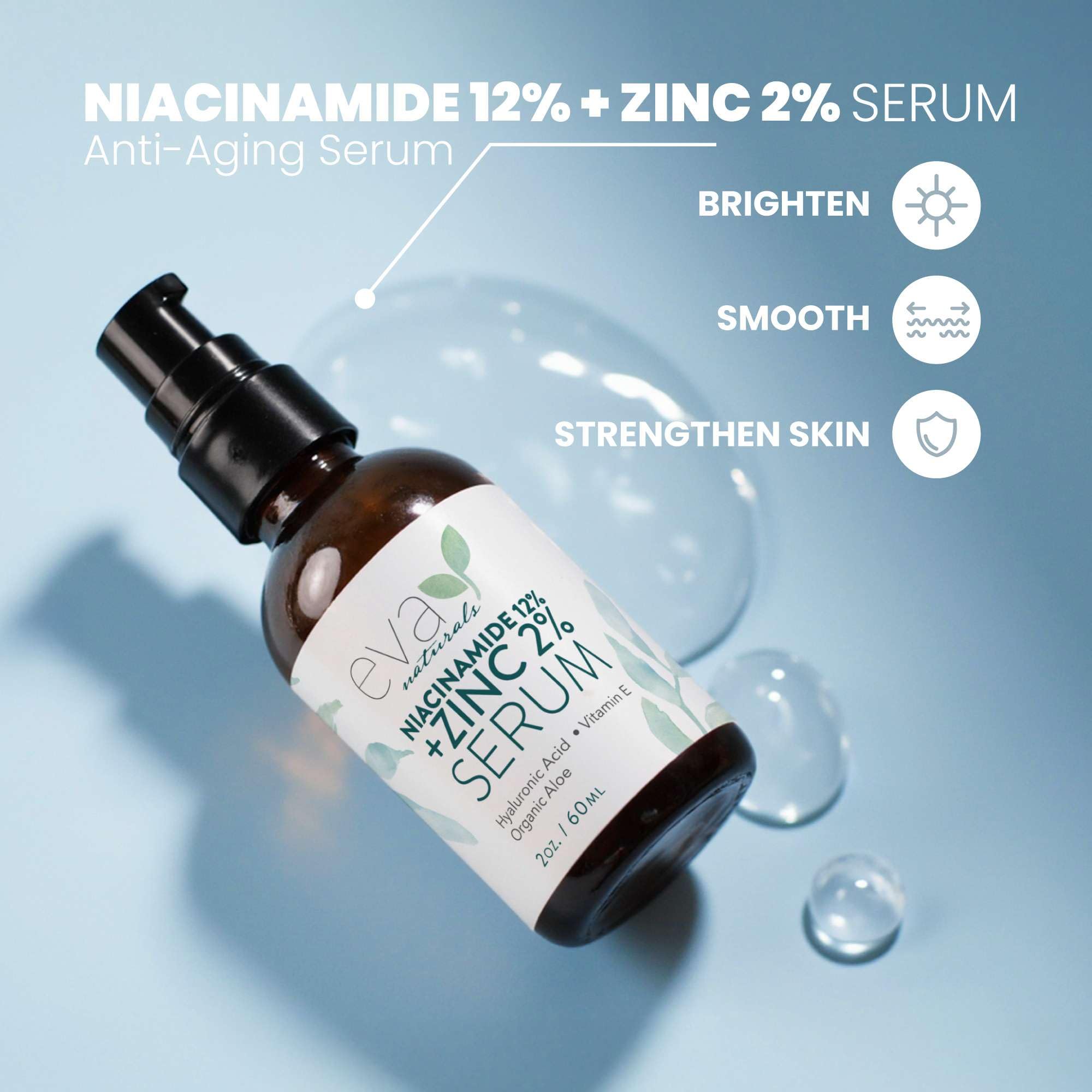 Sérum Eva Naturals Niacinamida 12% + Zinc: poros reducidos y acabado mate.