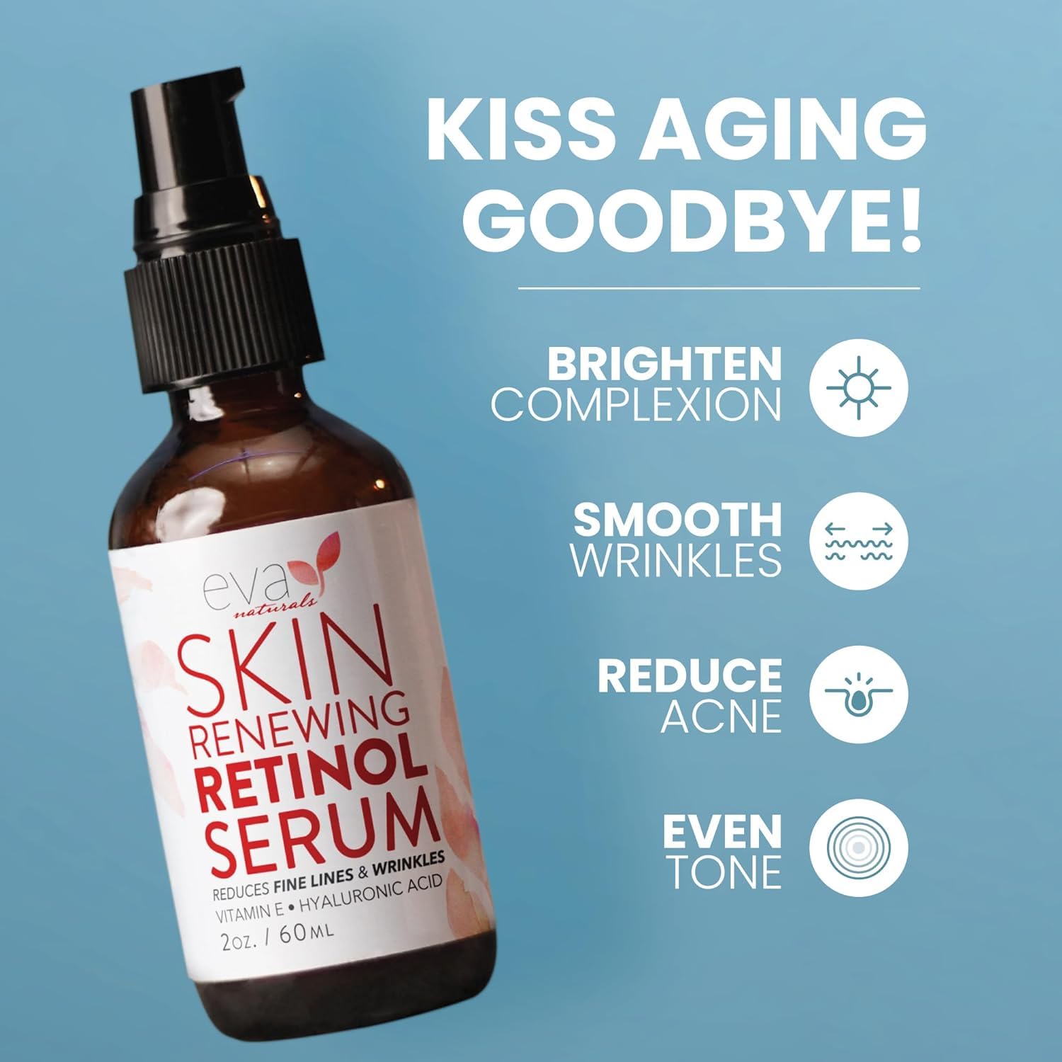 Aplicación de Eva Naturals Retinol Serum en la mano para uso cómodo.