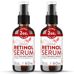 Eva Naturals Retinol Serum botella, presentación y cuidado facial recomendado.