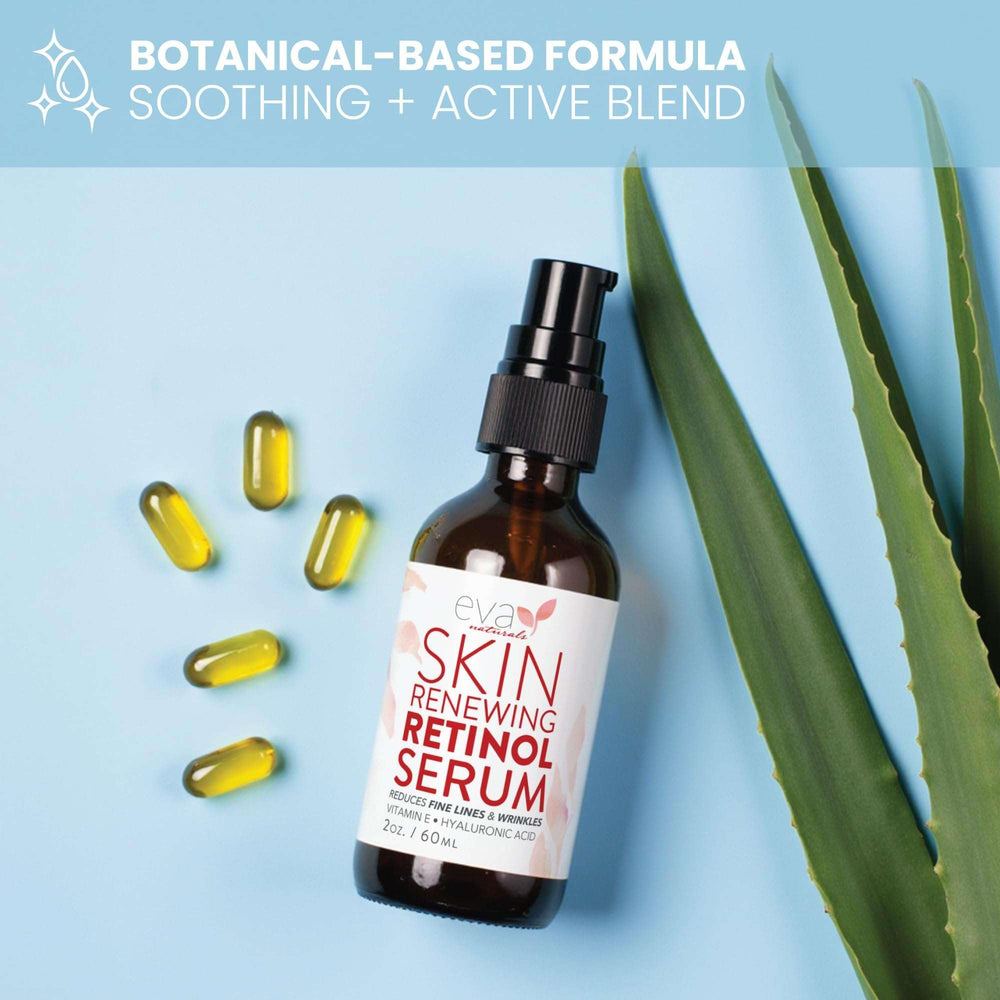 Encapsulated retinol concept with Eva Naturals emphasized for gentler results.