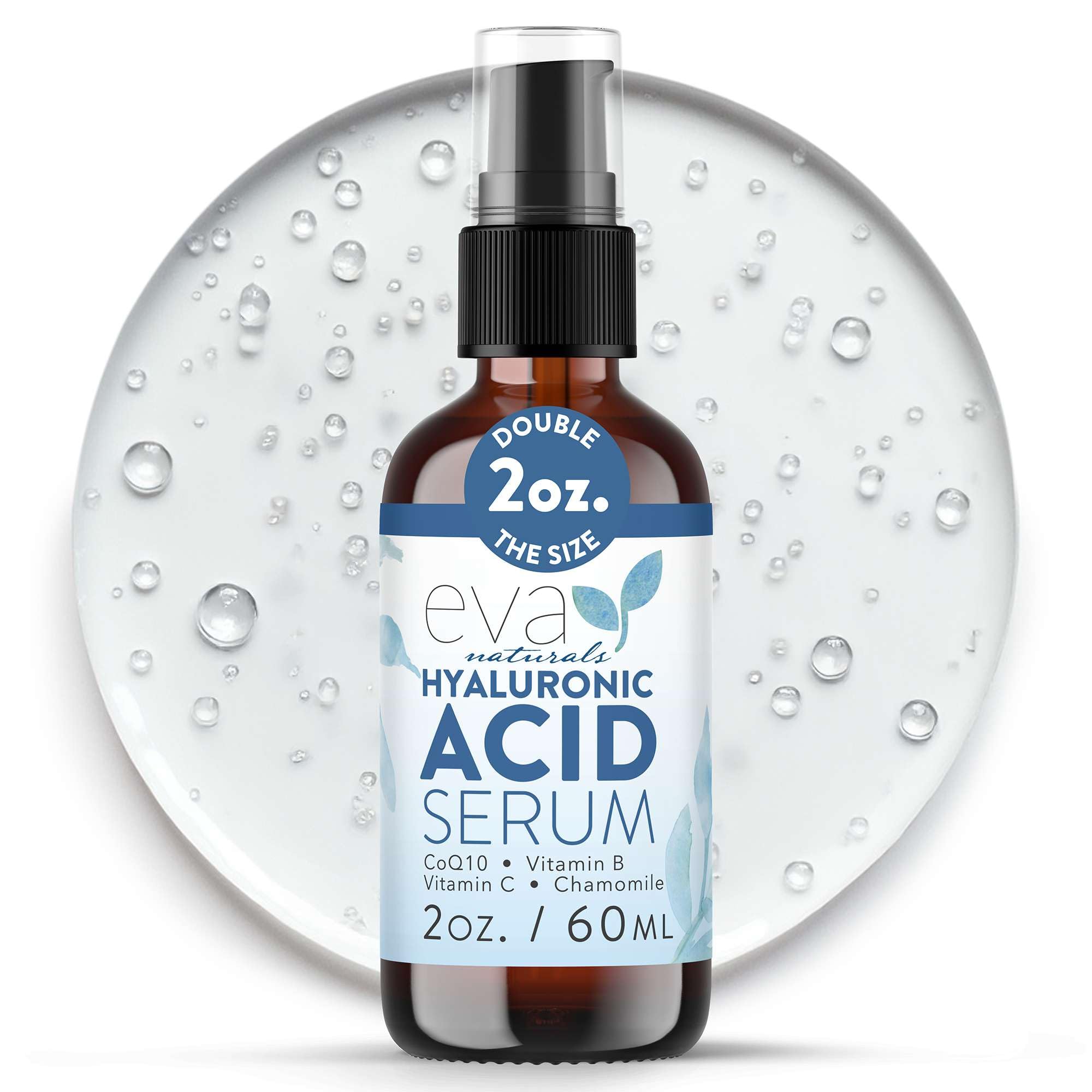 Sérum Eva Naturals, ácido hialurónico, botella para hidratación profunda.