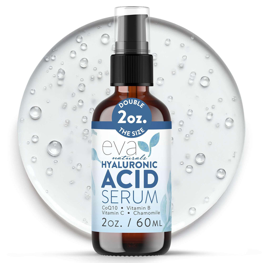 Sérum Eva Naturals, ácido hialurónico, botella para hidratación profunda.