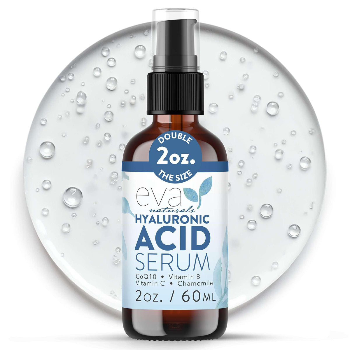 Sérum Eva Naturals, ácido hialurónico, botella para hidratación profunda.