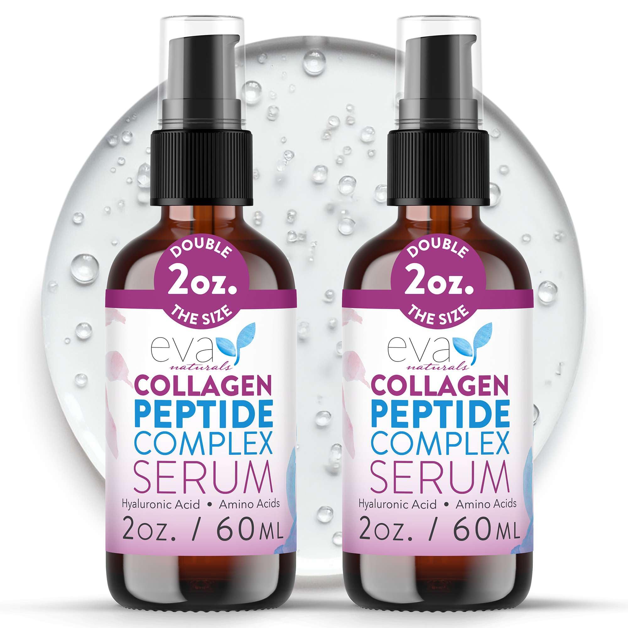 Sérum Eva Naturals Multi-Peptide, bouteille compacte, hydratation rapide pour peau mature.