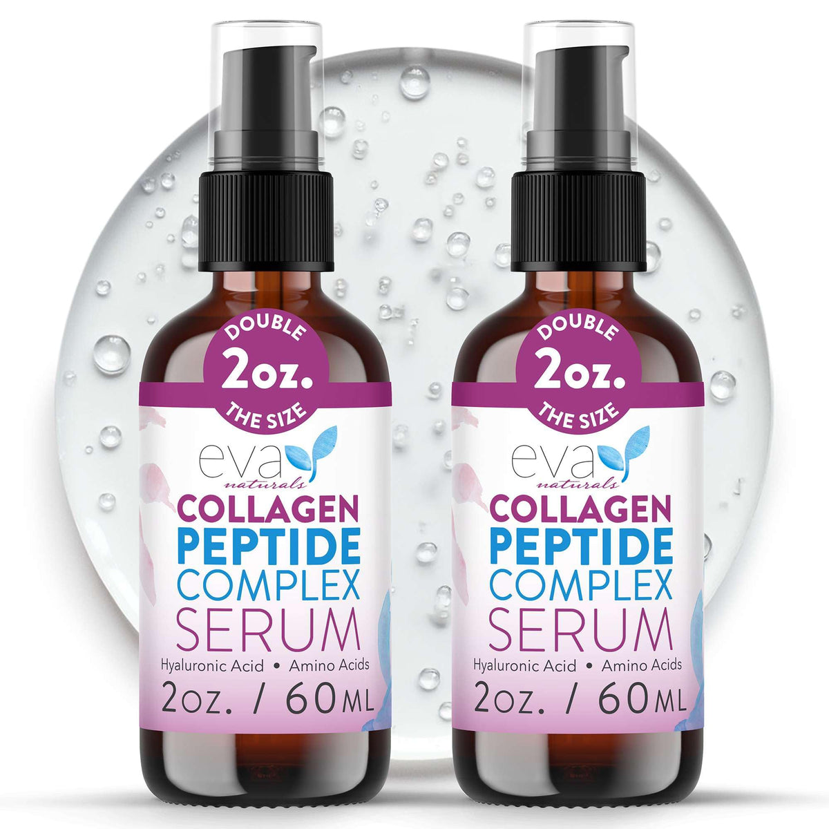Sérum Eva Naturals Multi-Peptide, bouteille compacte, hydratation rapide pour peau mature.