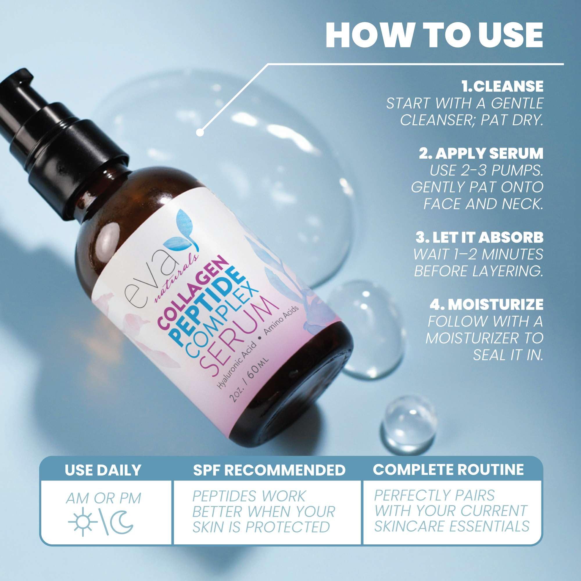 Pompe-doseuse Eva Naturals Multi-Peptide, dosage pratique et propre.