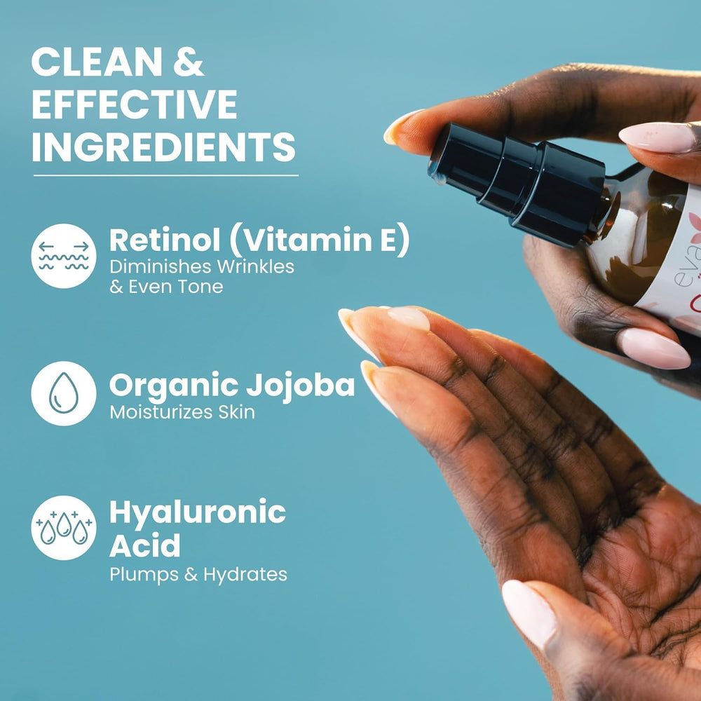 Piel visible antes y después de usar Eva Naturals Retinol Serum.