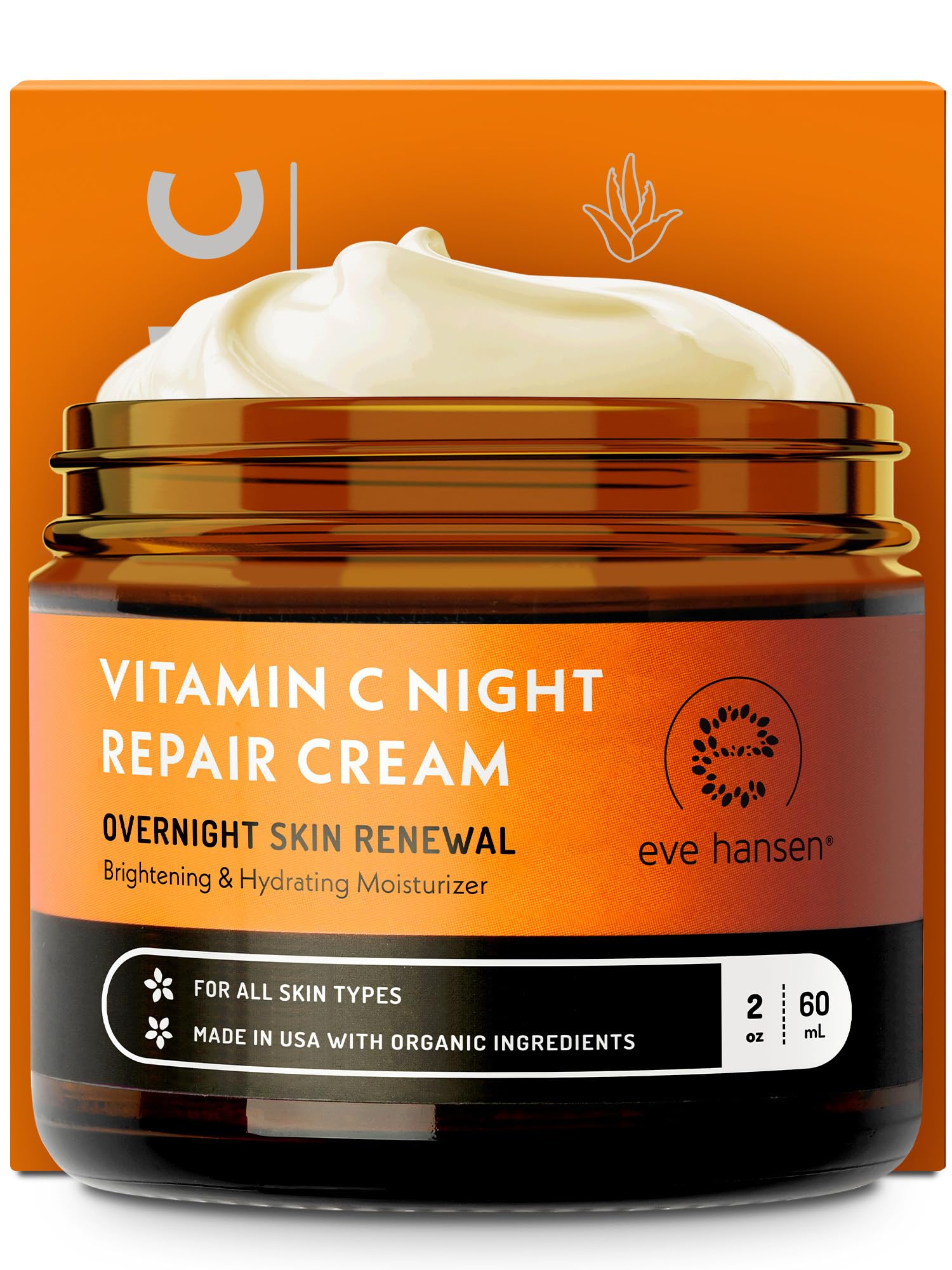 Crema de noche Eve Hansen Vitamina C en frasco, hidratación suave para rostro y cuello.