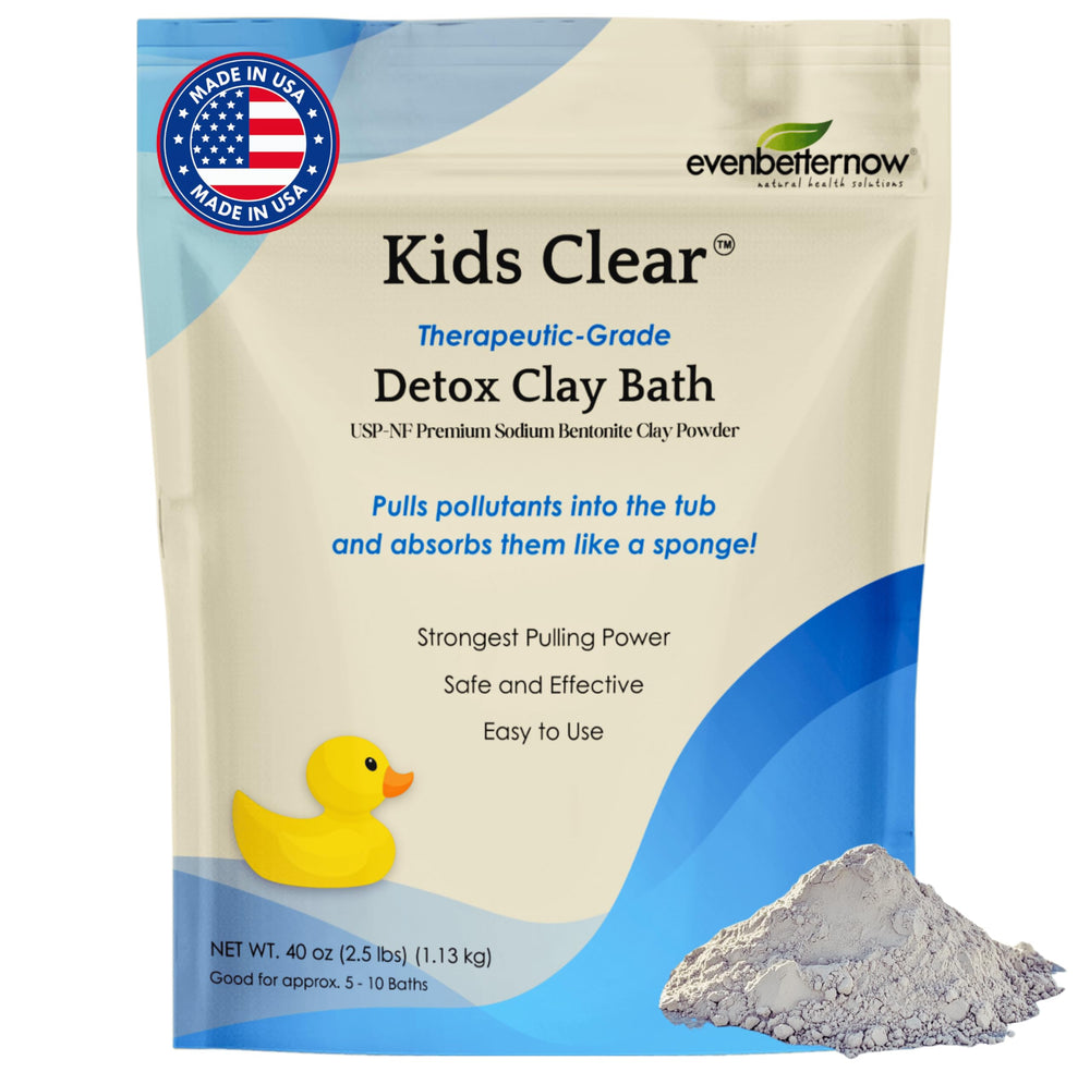 Evenbetternow Niños Baño Arcilla Desintoxicante Bentonita, envase visible y uso suave para piel sensible.