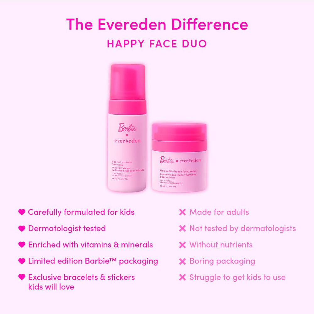 Evereden Barbie Edition ingrédients sans sulfates, formule sûre pour jeunes peaux.