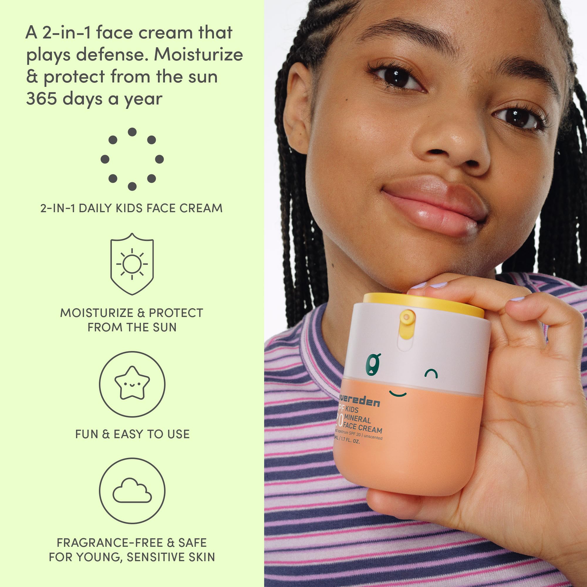 Evereden crema facial niños aplicación suave en manos, absorción rápida.