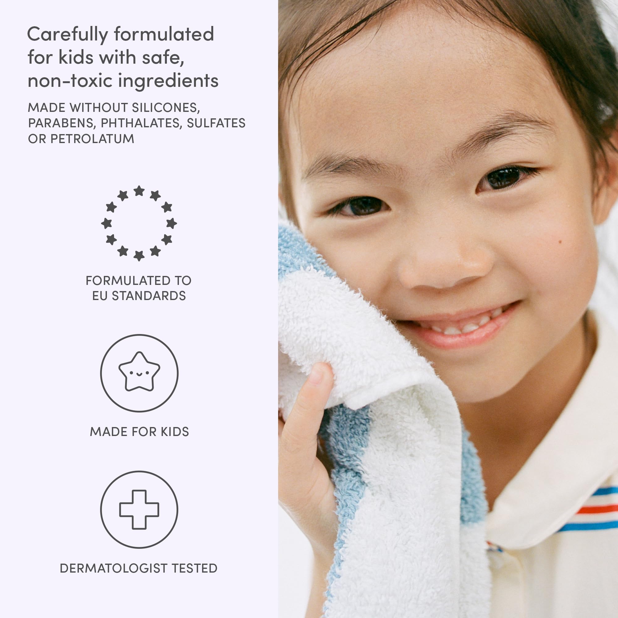 Evereden jabón cuerpo niños, etiqueta clara que inspira confianza en ingredientes seguros.