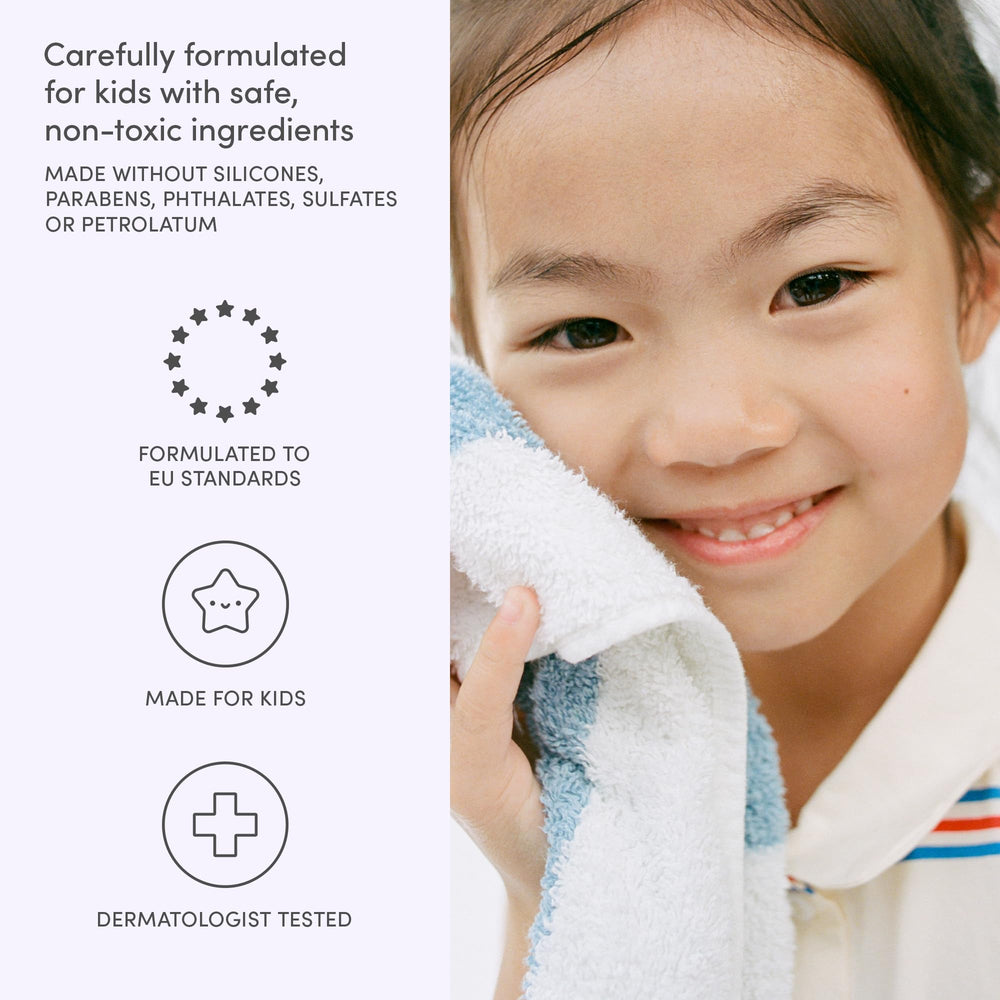Evereden jabón cuerpo niños, etiqueta clara que inspira confianza en ingredientes seguros.