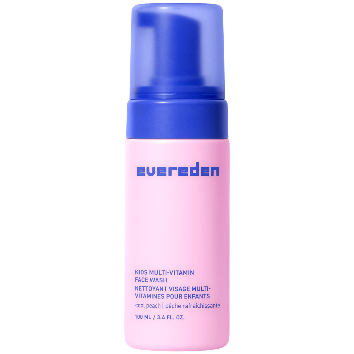 Evereden Kids Face Wash durazno-frío en botella, limpieza suave para piel sensible.