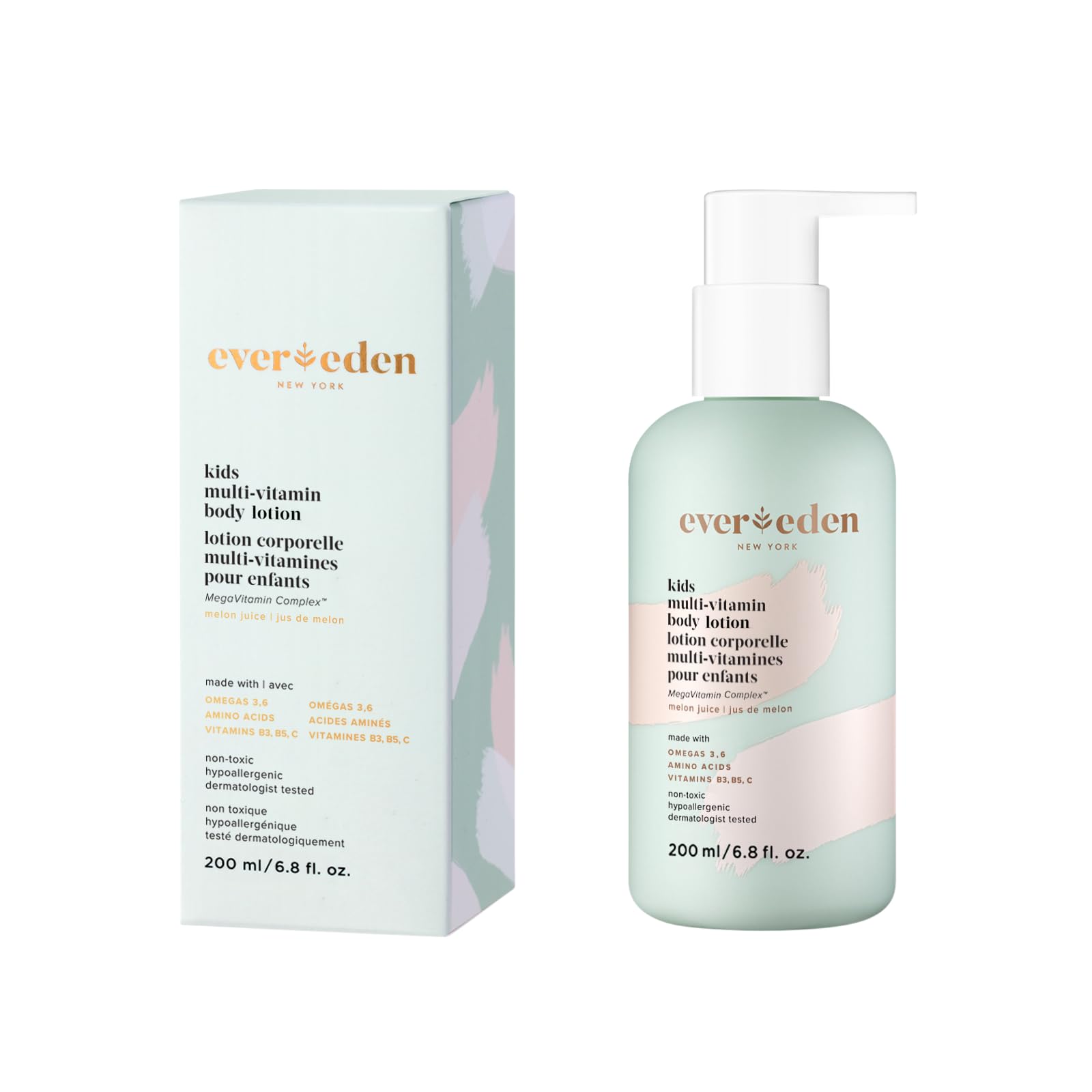 Evereden loción multi-vitaminas para niños, botella melón-jugo, hidrata piel sensible.
