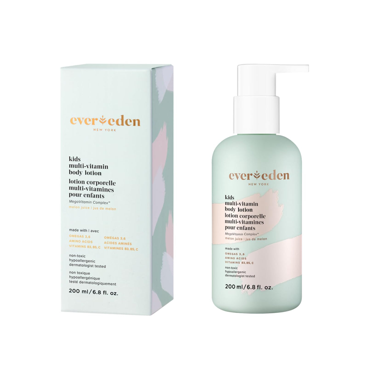 Evereden loción multi-vitaminas para niños, botella melón-jugo, hidrata piel sensible.