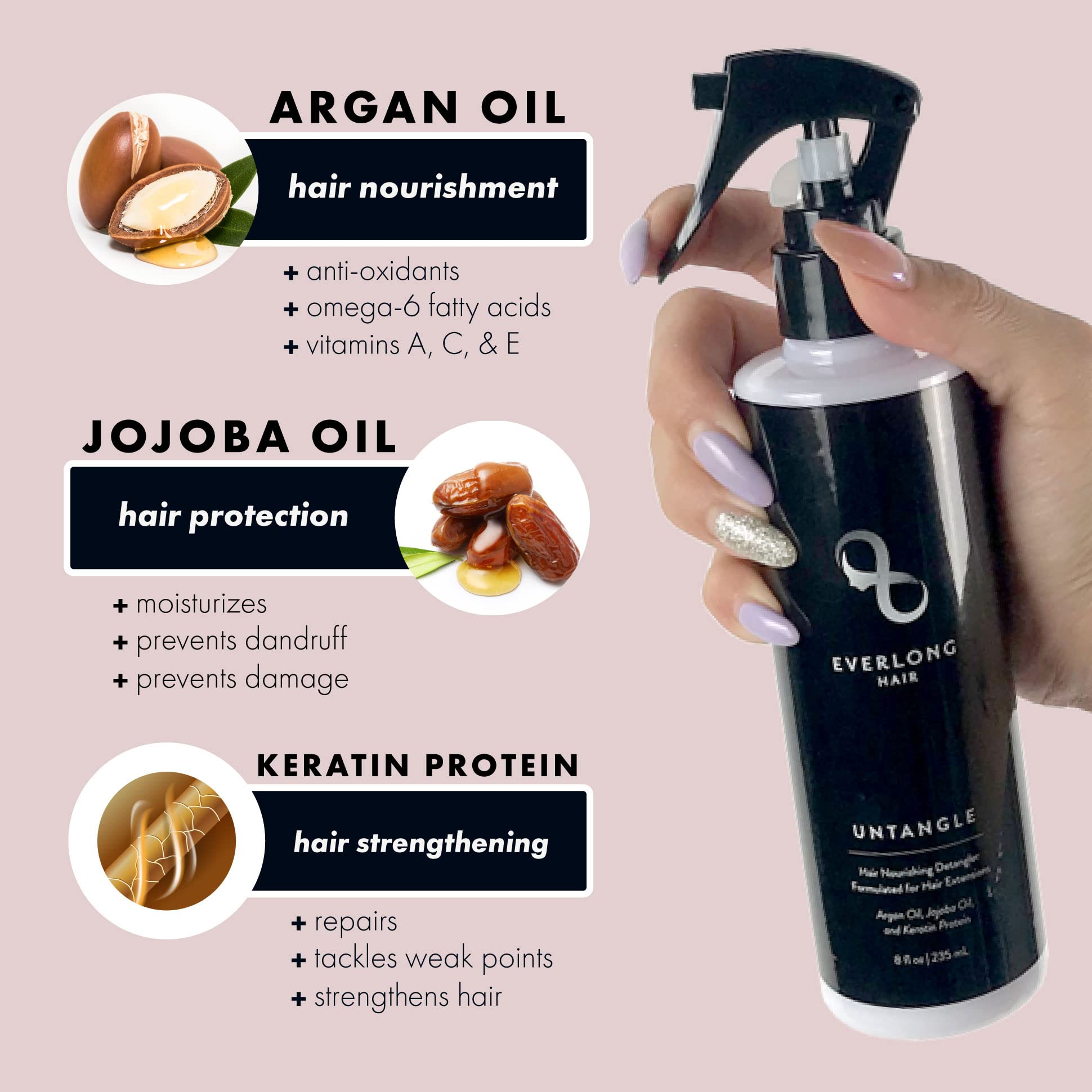 Everlong Untangle mist being sprayed on extensions for gentle detangling.