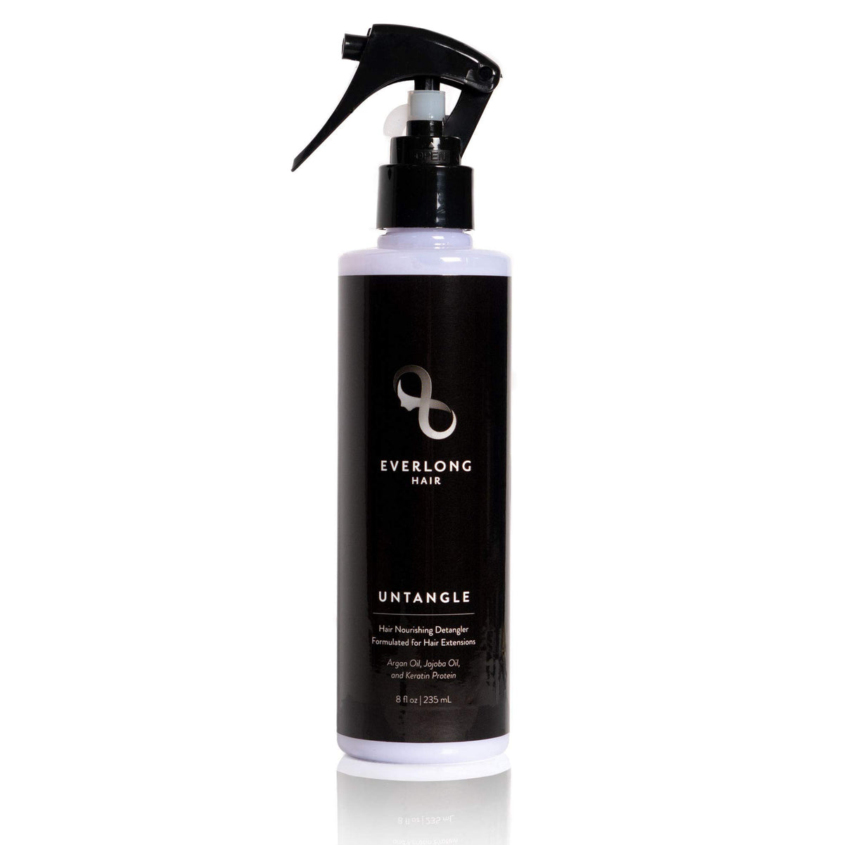 Everlong Untangle spray bottle detangles hair extensions.