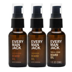 Every Man Jack aceite para barba con sándalo, enfoque en trío regalo y suavidad.