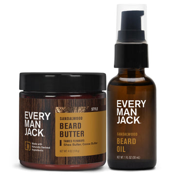 Aceite para barba Every Man Jack en botella, fragancia de sándalo y beneficios de hidratación.