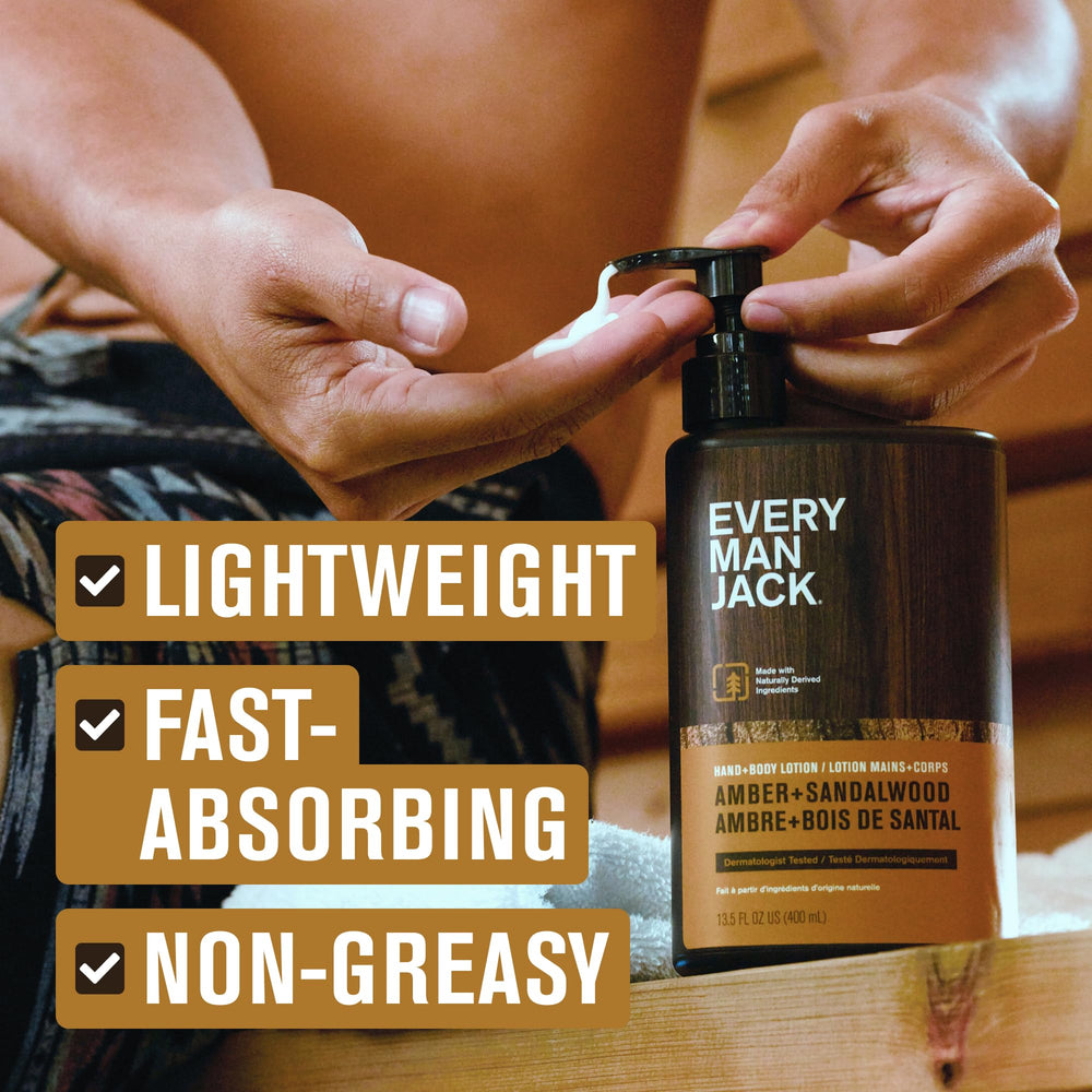 Every Man Jack Amber Sándalo, loción de absorción rápida para mañanas ocupadas.