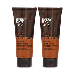 Every Man Jack beard-face recovery lotion 2-pack bottle highlights bourbon scent for daily hydration.