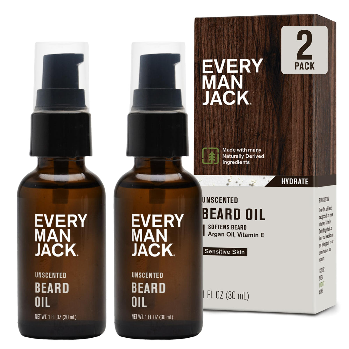 Aceite para barba sin fragancia de Every Man Jack en botella con gotero, piel sensible protegida