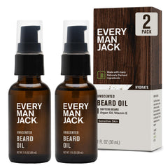 Aceite para barba sin fragancia de Every Man Jack en botella con gotero, piel sensible protegida