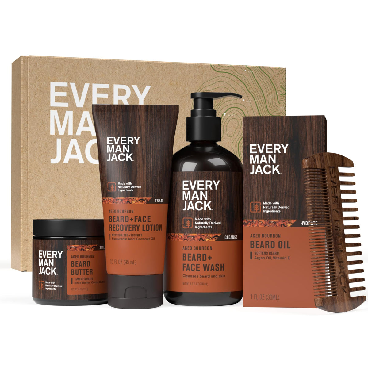 Every Man Jack beard wash bottle with aged bourbon scent for a clean start.