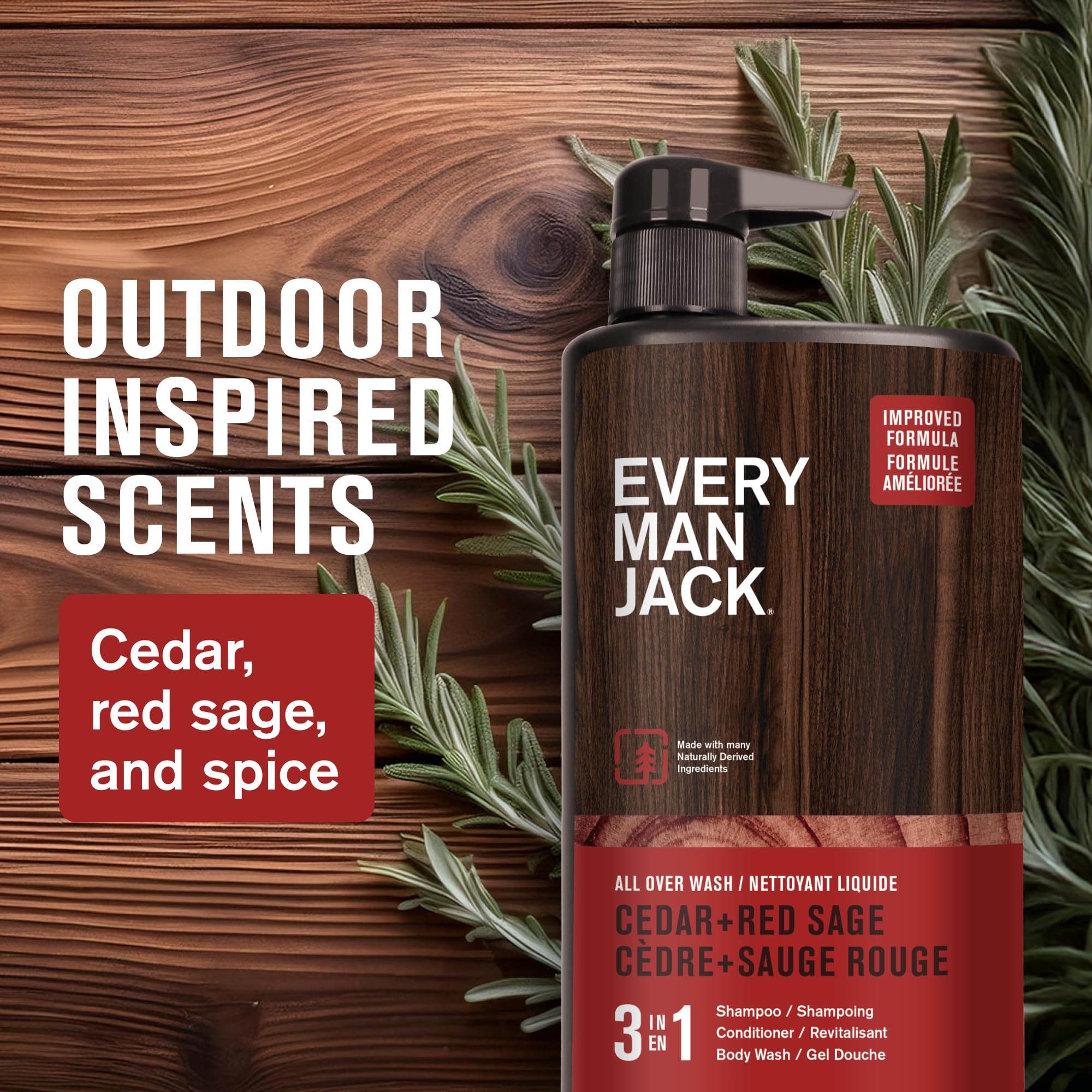 Every Man Jack cedro-salvia, etiqueta visible, aroma masculino y cuidado en una pasada.