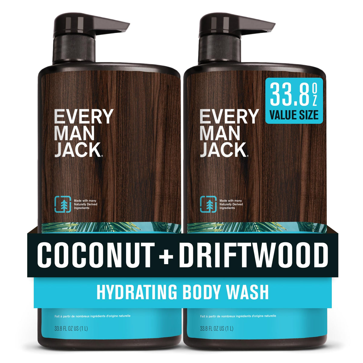 Every Man Jack Coco Driftwood, botella de gel de ducha para limpieza diaria y piel suave.