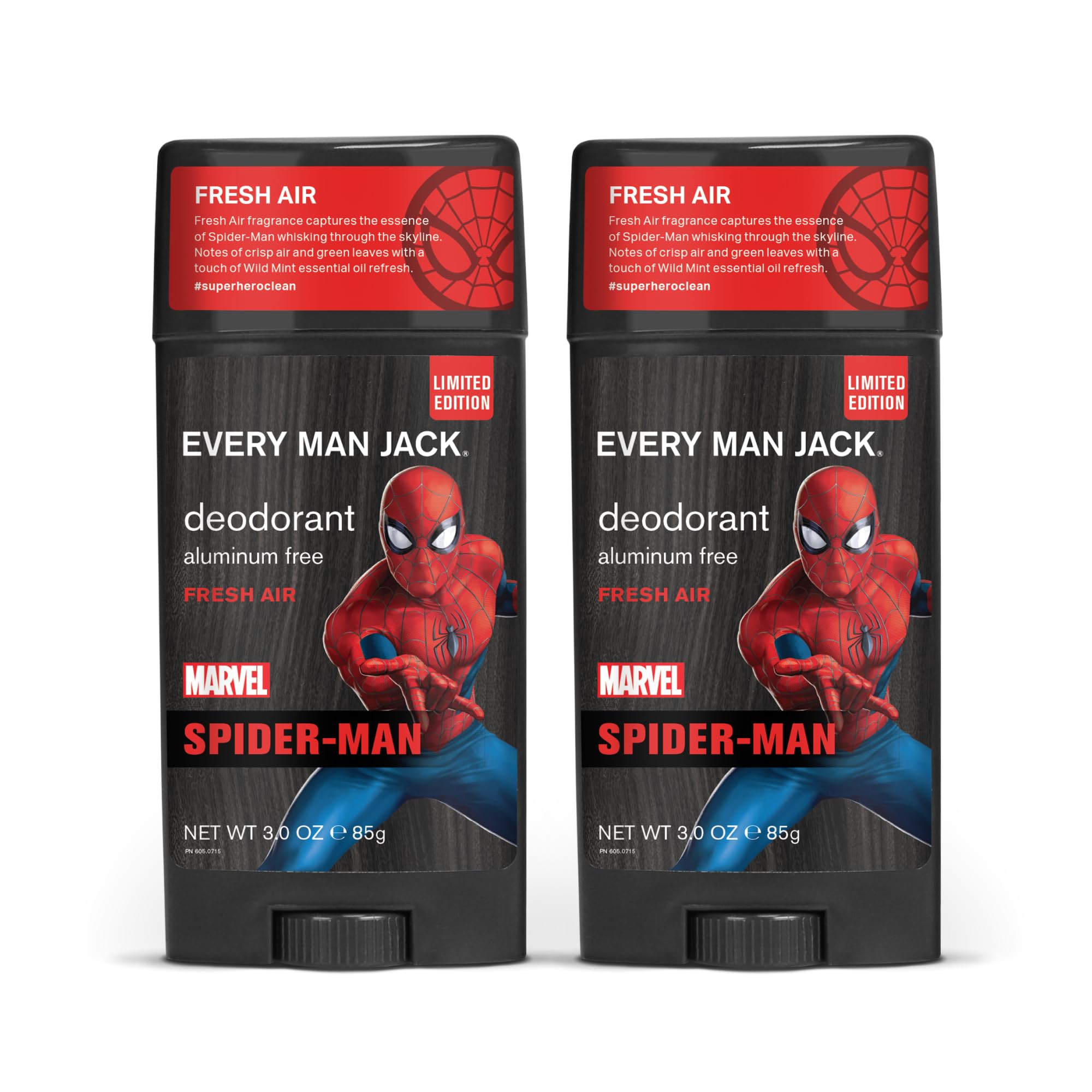 Desodorante Every Man Jack Spider-Man, vista frontal, frescura duradera