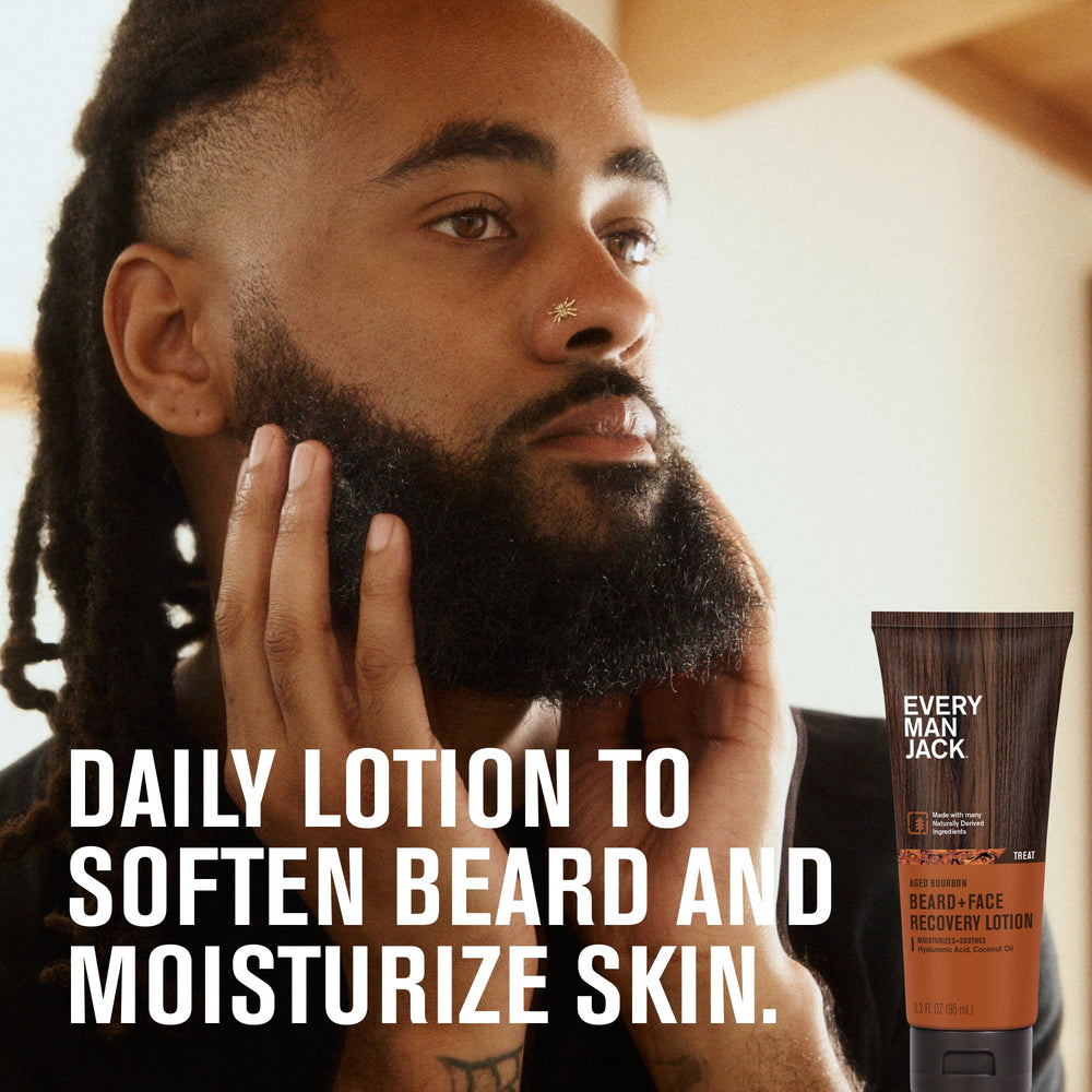 Every Man Jack lotion closeup bourbon scent aids soothing dry skin and beard itch.
