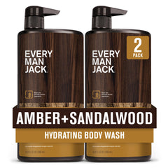 Every Man Jack ambar-sandalo botella vertido, aroma terroso para una ducha vigorizante.