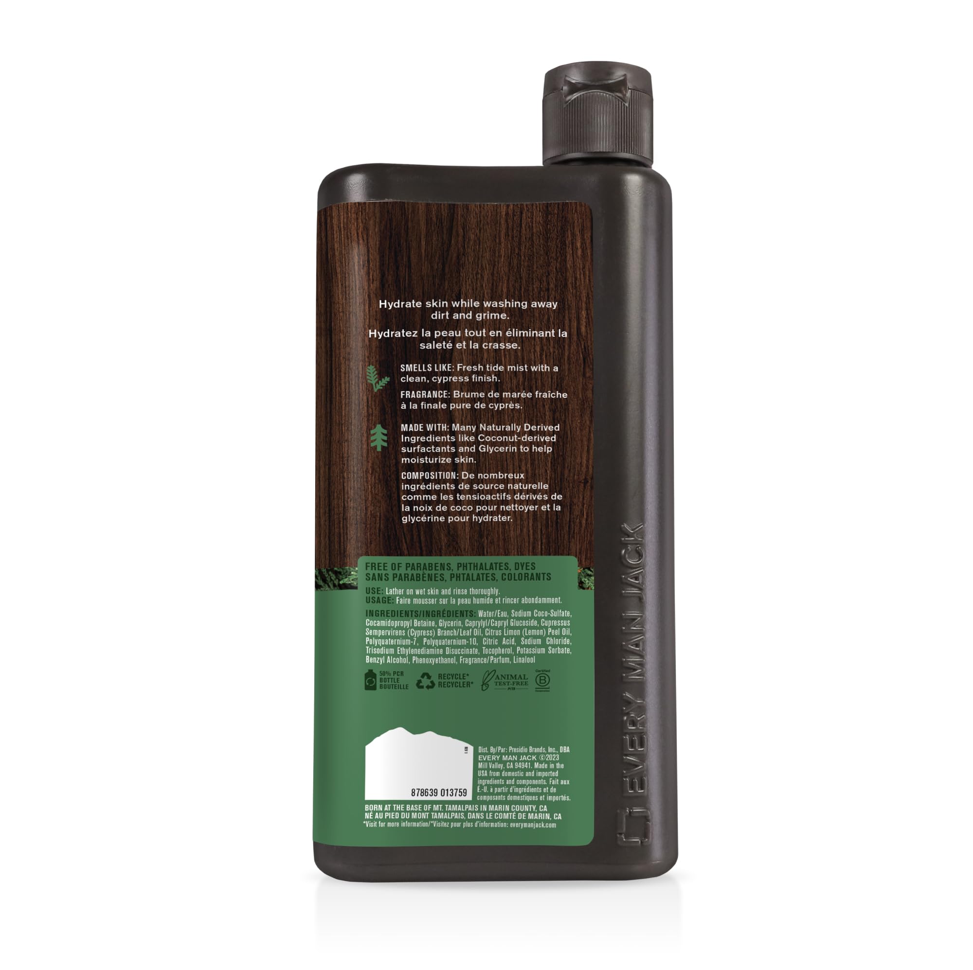 Cruelty-free label on Every Man Jack Pacific Cypress body wash