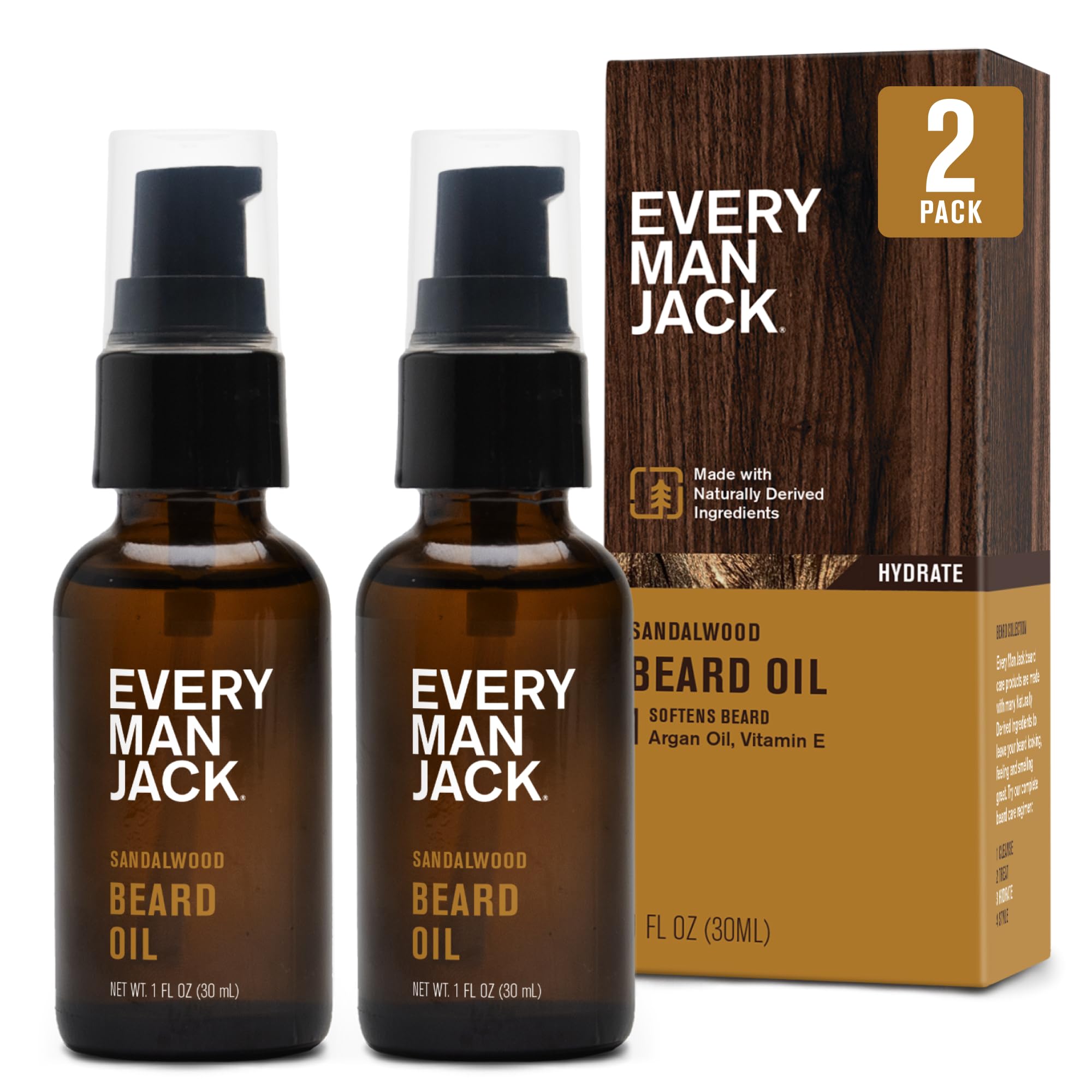 Aceite para barba Every Man Jack con aroma a sándalo en botella elegante.