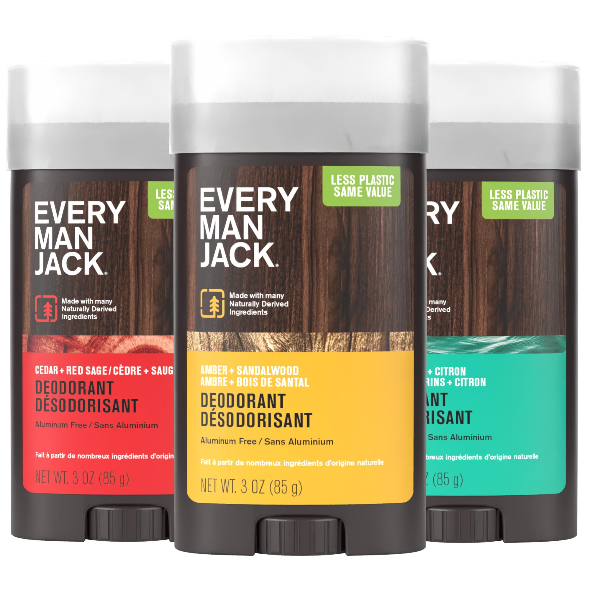Set de desodorantes Every Man Jack: tres barritas para uso diario.