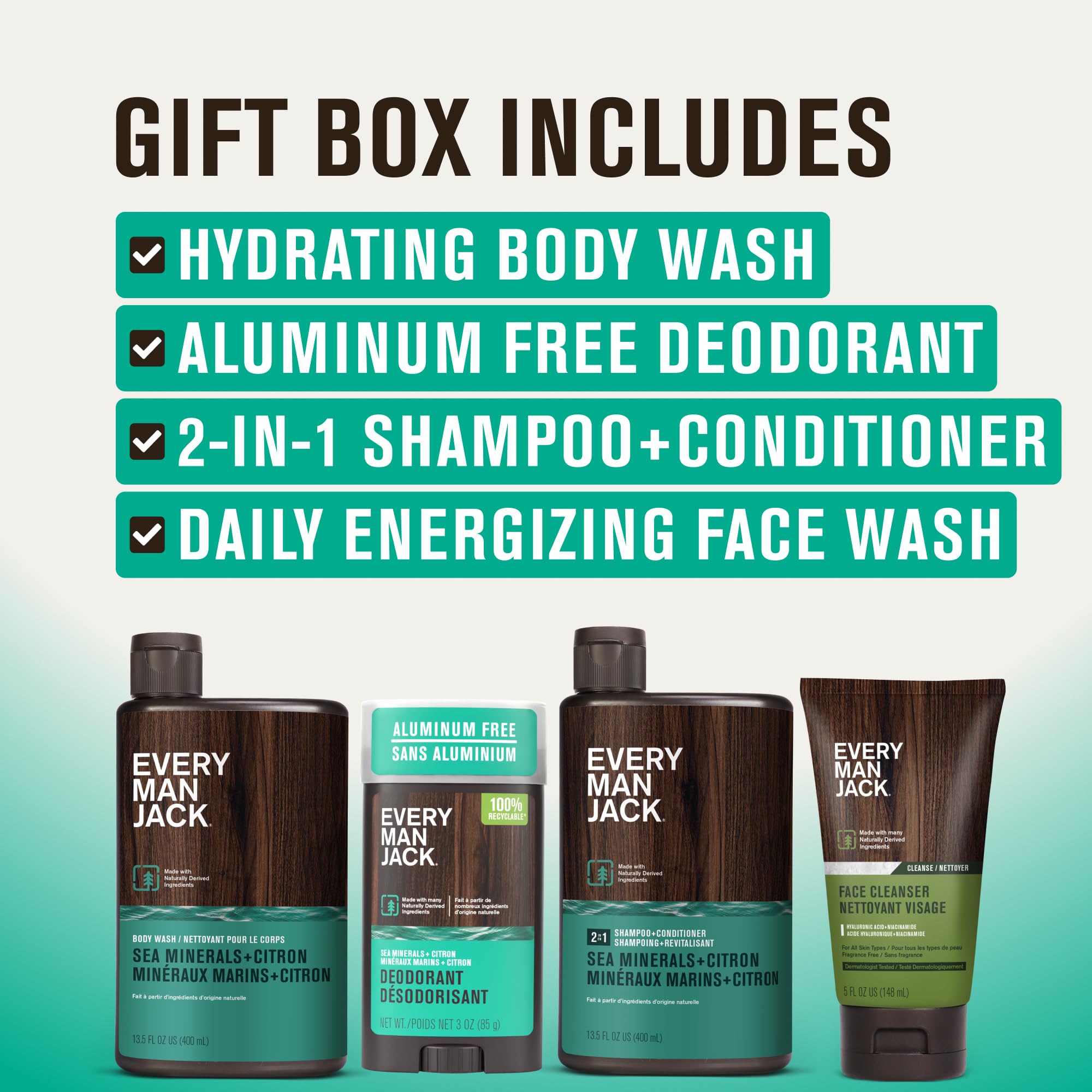 Every Man Jack Shampoo 2-en-1 Sea Minerals Citron, nettoyage et coiffage pratiques.